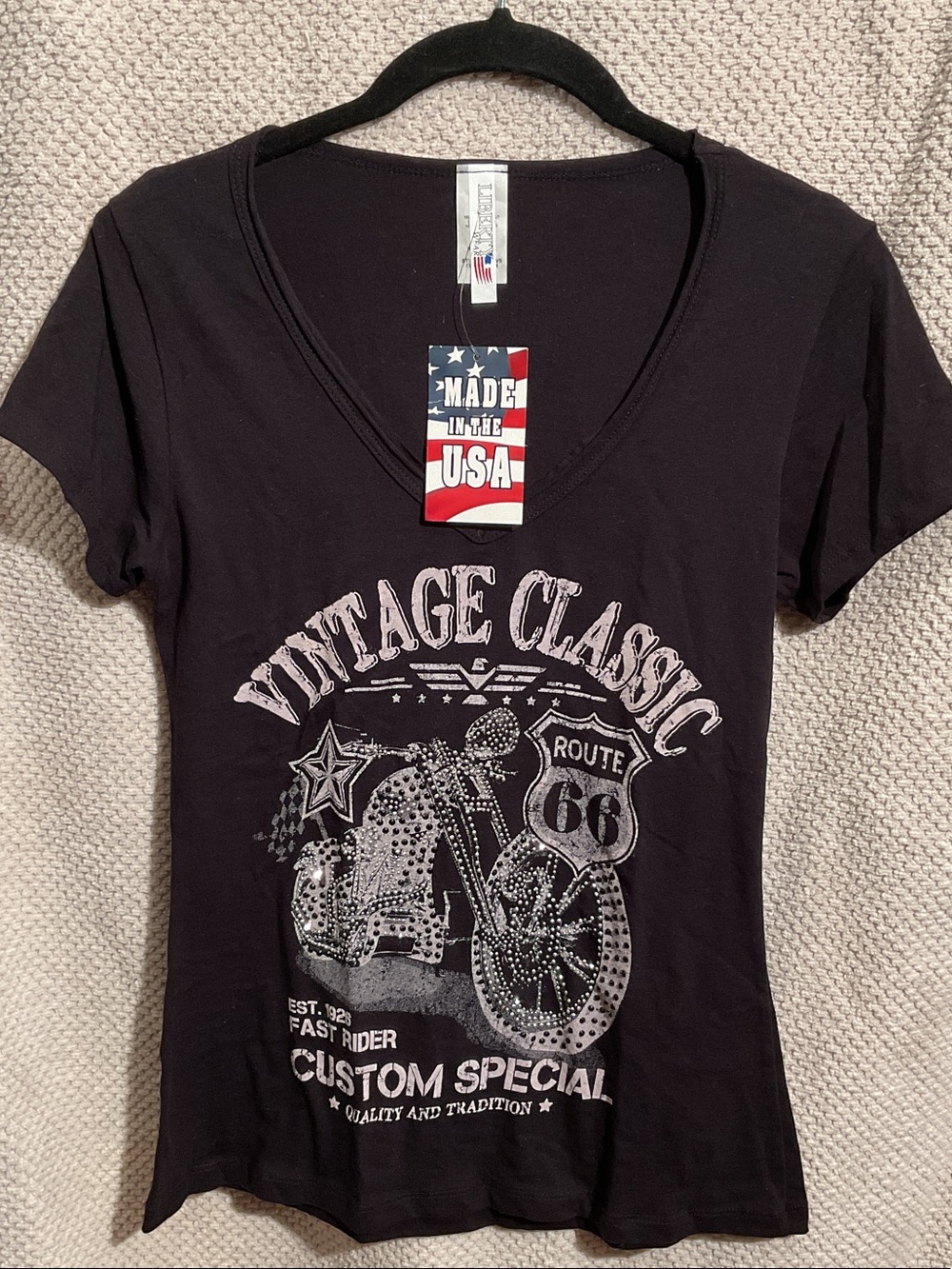 Vintage Classic Route 66 Black V-Neck Graphic Tee